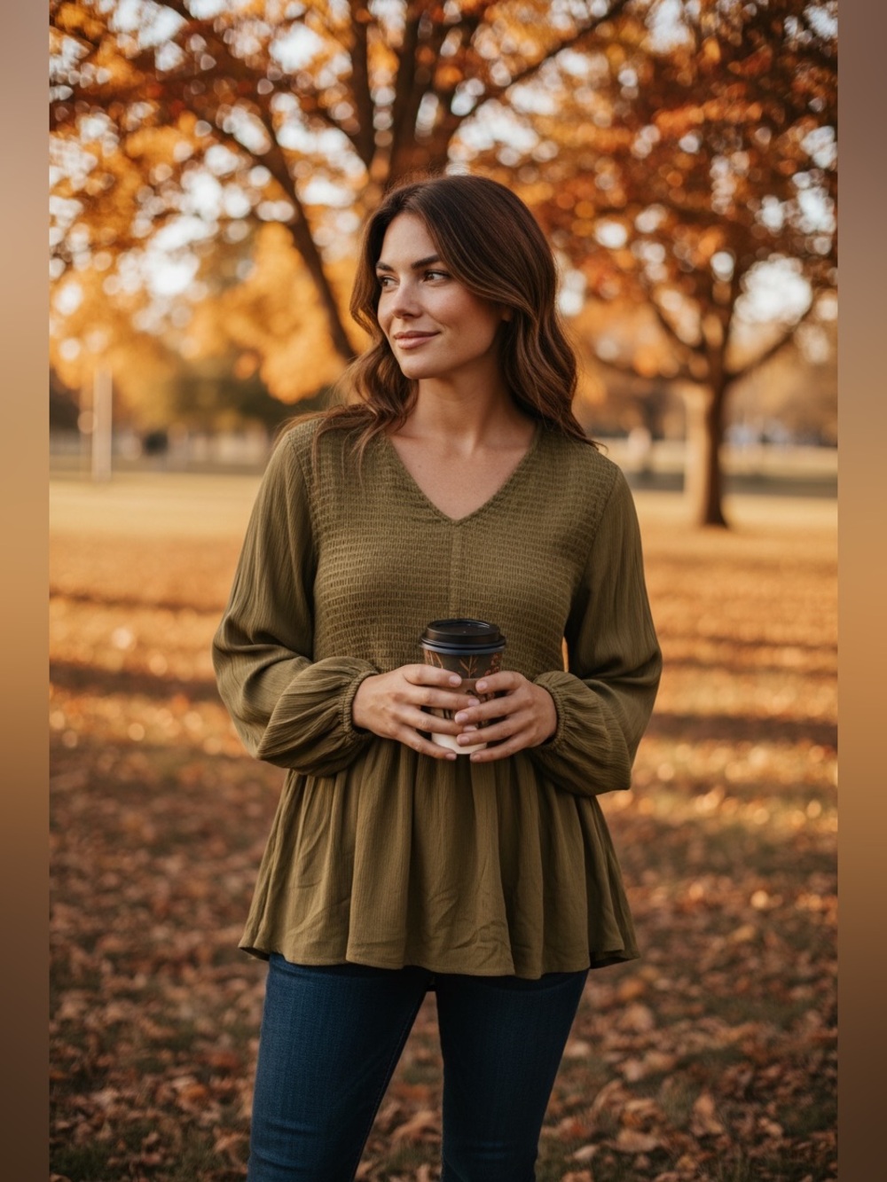 Sonoma Brown Smocked V-Neck Peplum Tunic